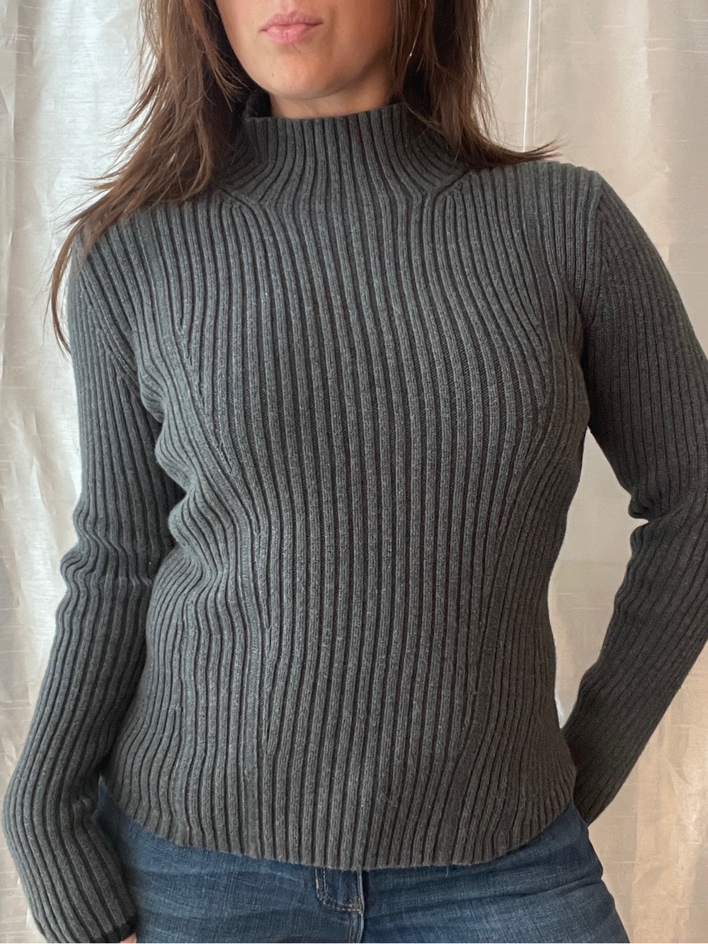Tommy Jeans Mock Neck Sweater Women Small Gray Ribbed Fitted Knit Minimalist Y2K